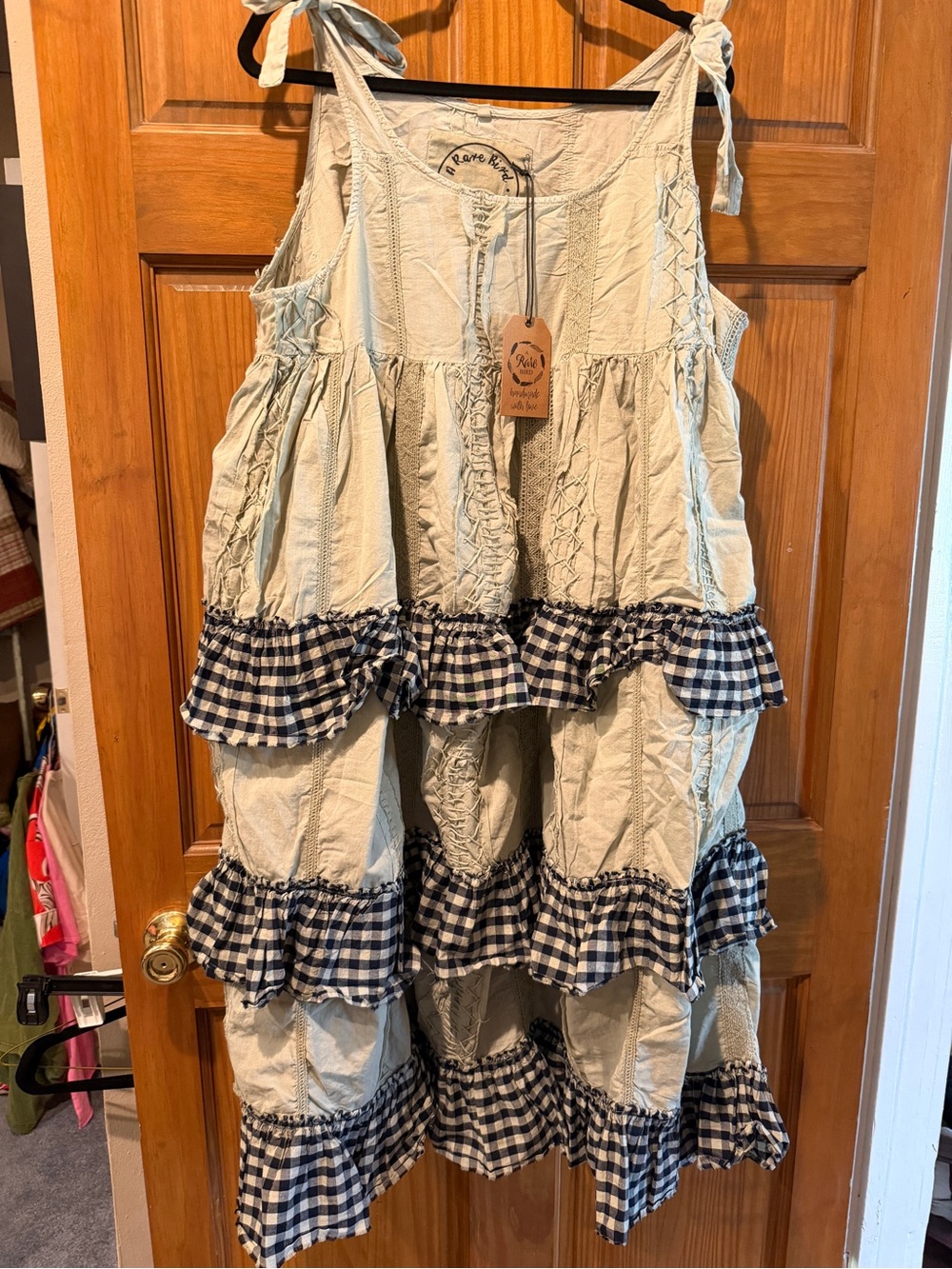 NWT! A Rare Bird Boho Tiered Ruffle dress with Tie Straps - Cream & Navy Gingham